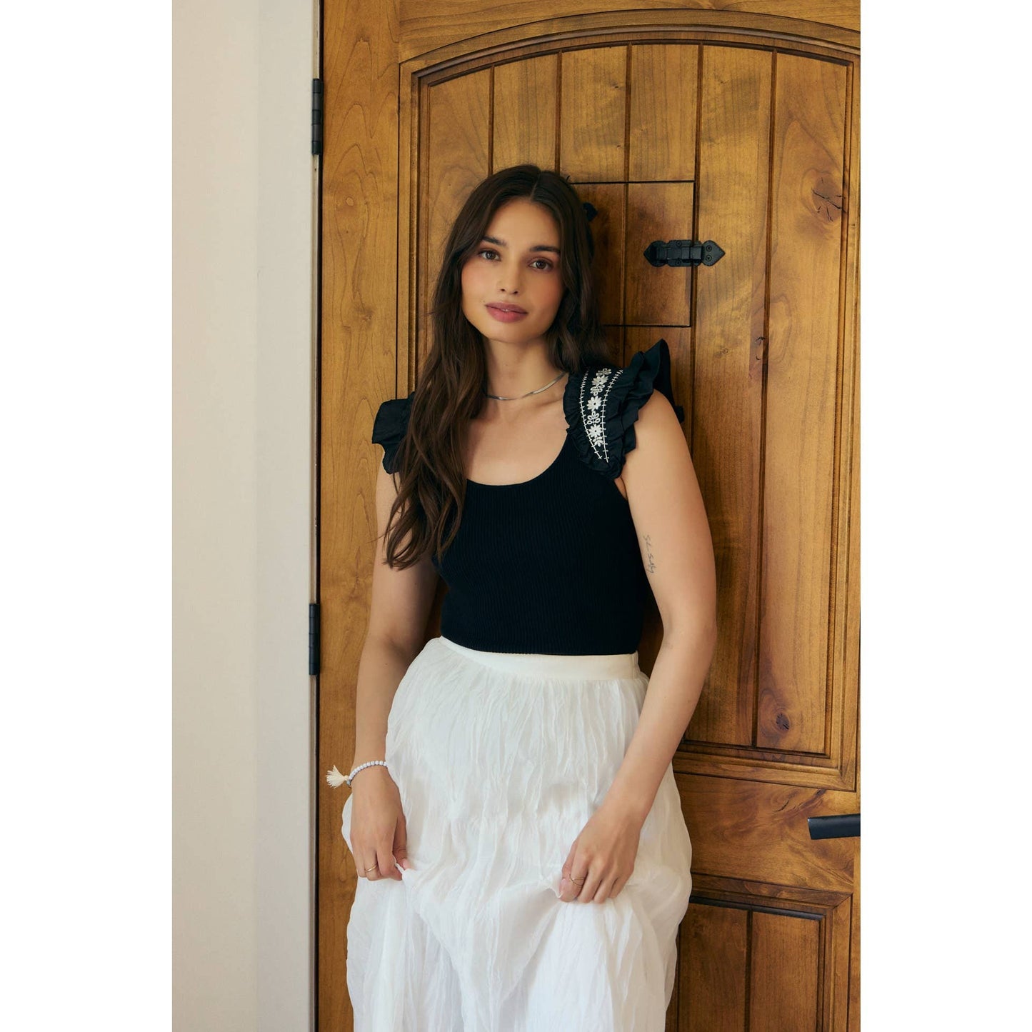 EMBROIDERY SOFT RIB SWEATER TOP WITH RUFFLED SLEEVES