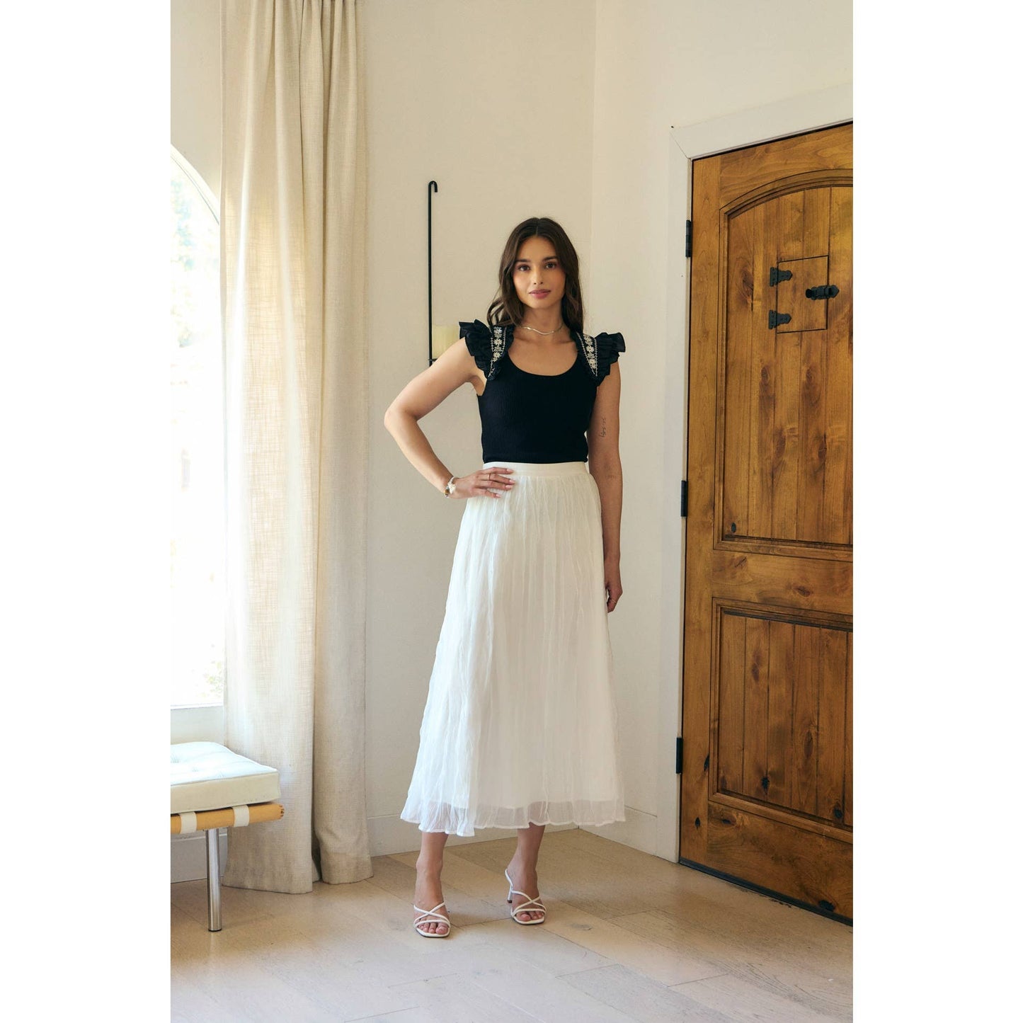 EMBROIDERY SOFT RIB SWEATER TOP WITH RUFFLED SLEEVES