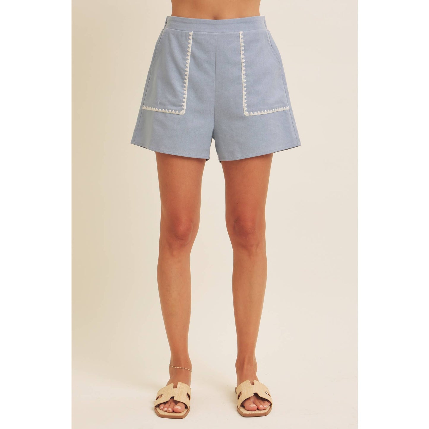 ELASTIC WAISTBAND LINEN SHORTS WITH EMBROIDERY