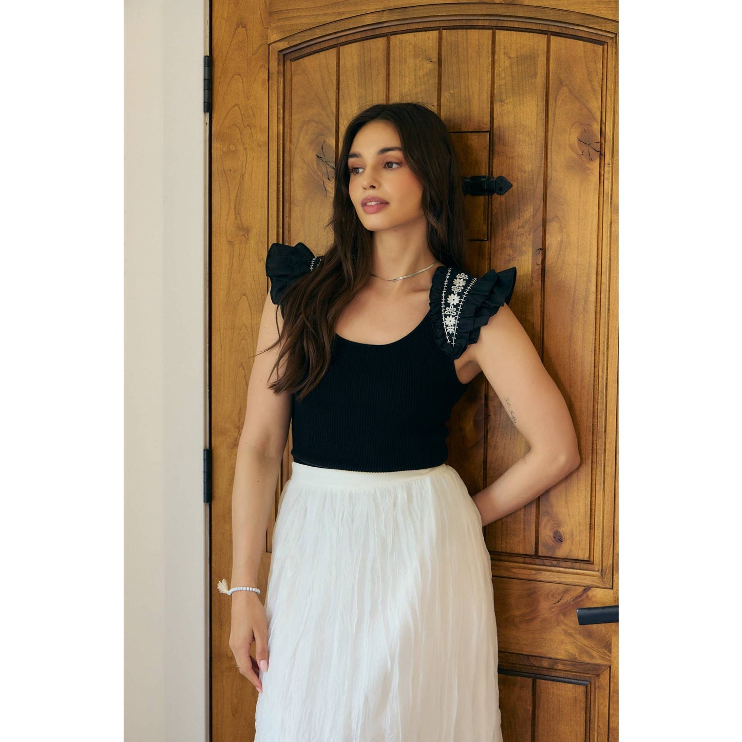EMBROIDERY SOFT RIB SWEATER TOP WITH RUFFLED SLEEVES