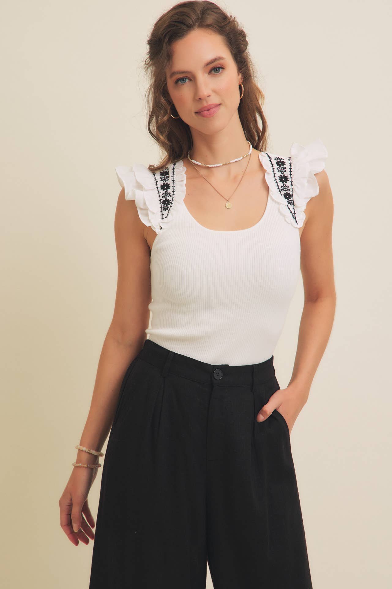 EMBROIDERY SOFT RIB SWEATER TOP WITH RUFFLED SLEEVES