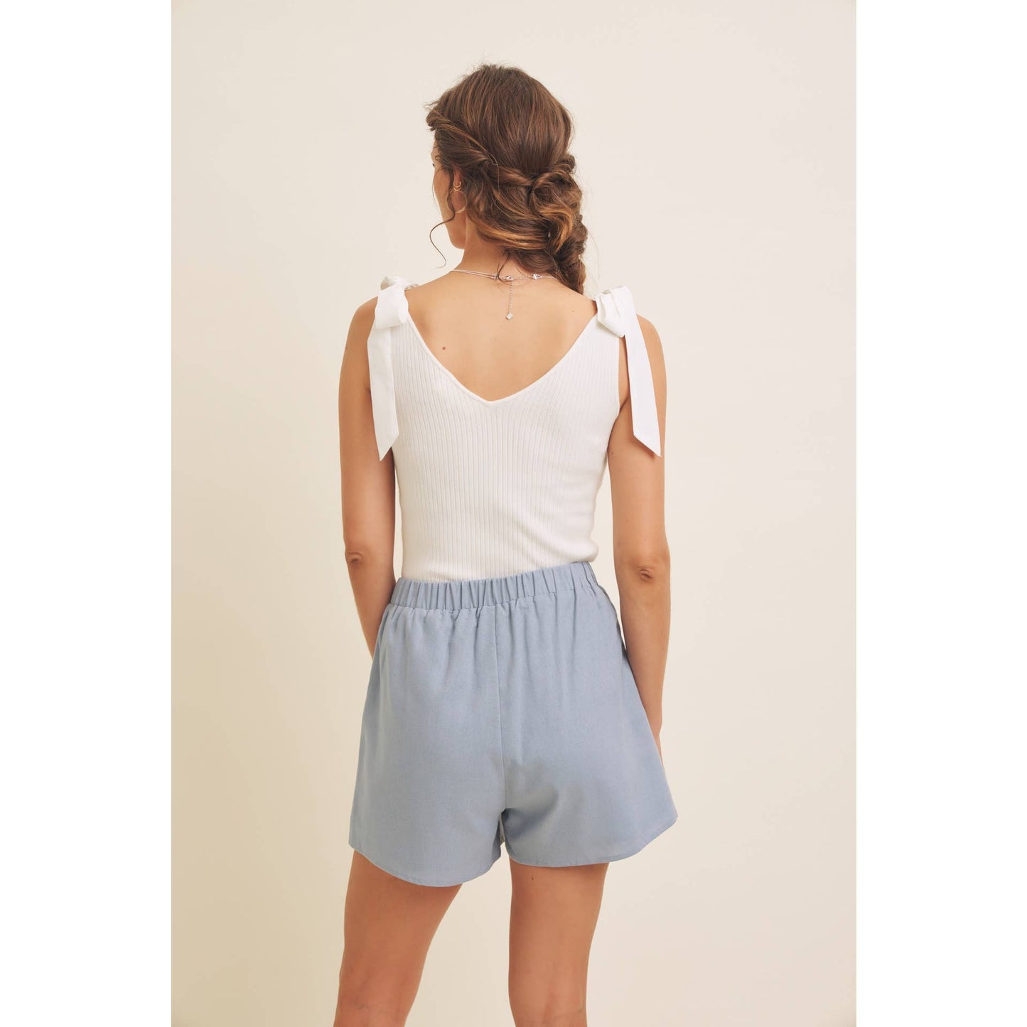 ELASTIC WAISTBAND LINEN SHORTS WITH EMBROIDERY