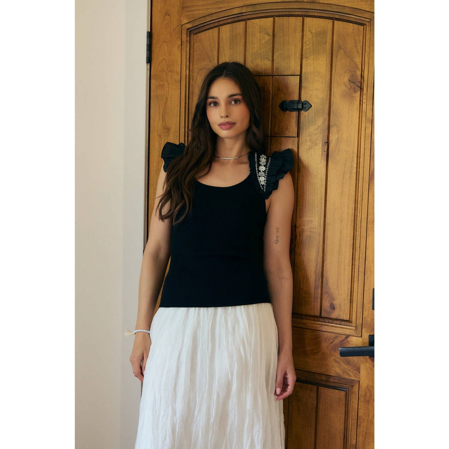 EMBROIDERY SOFT RIB SWEATER TOP WITH RUFFLED SLEEVES