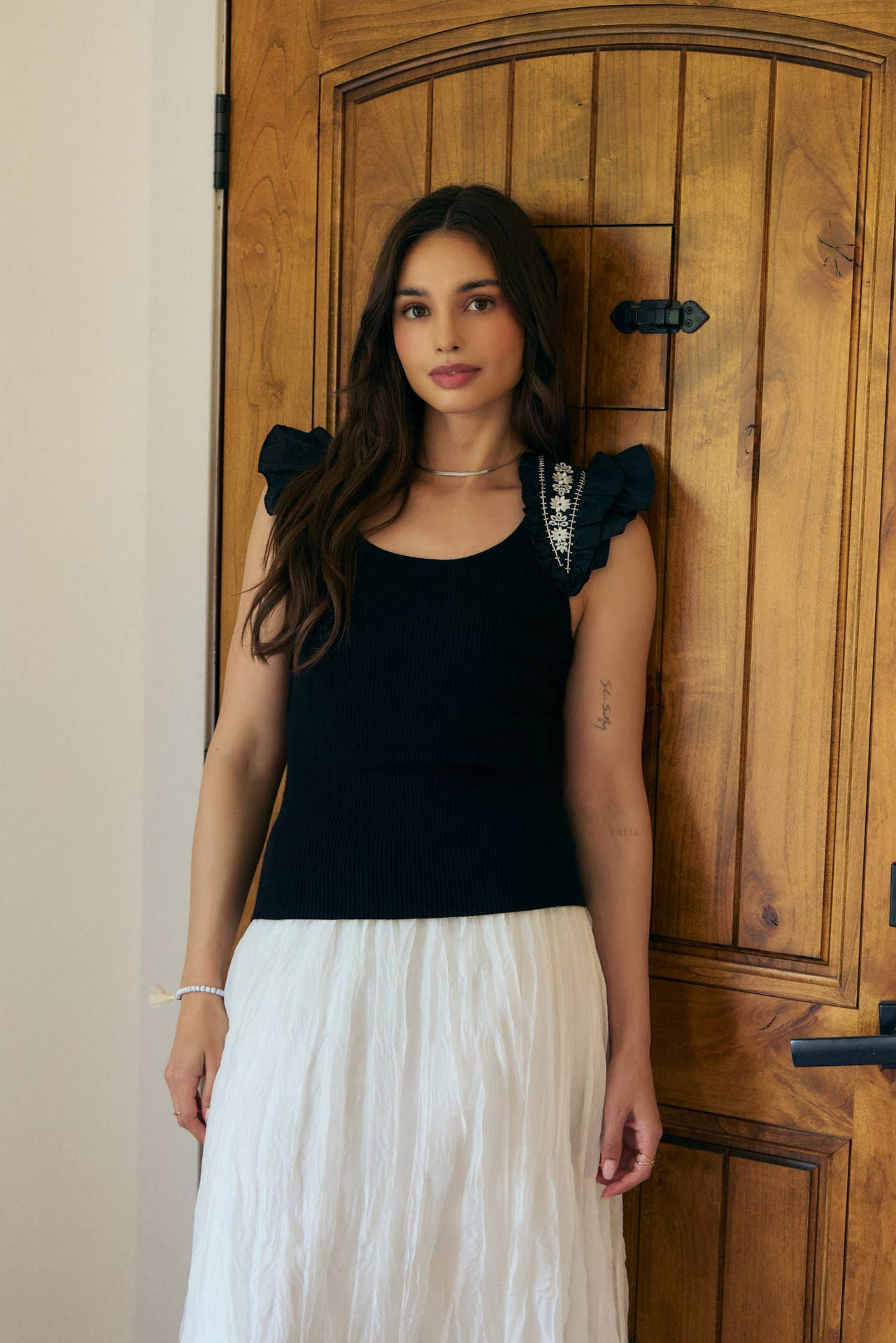 EMBROIDERY SOFT RIB SWEATER TOP WITH RUFFLED SLEEVES