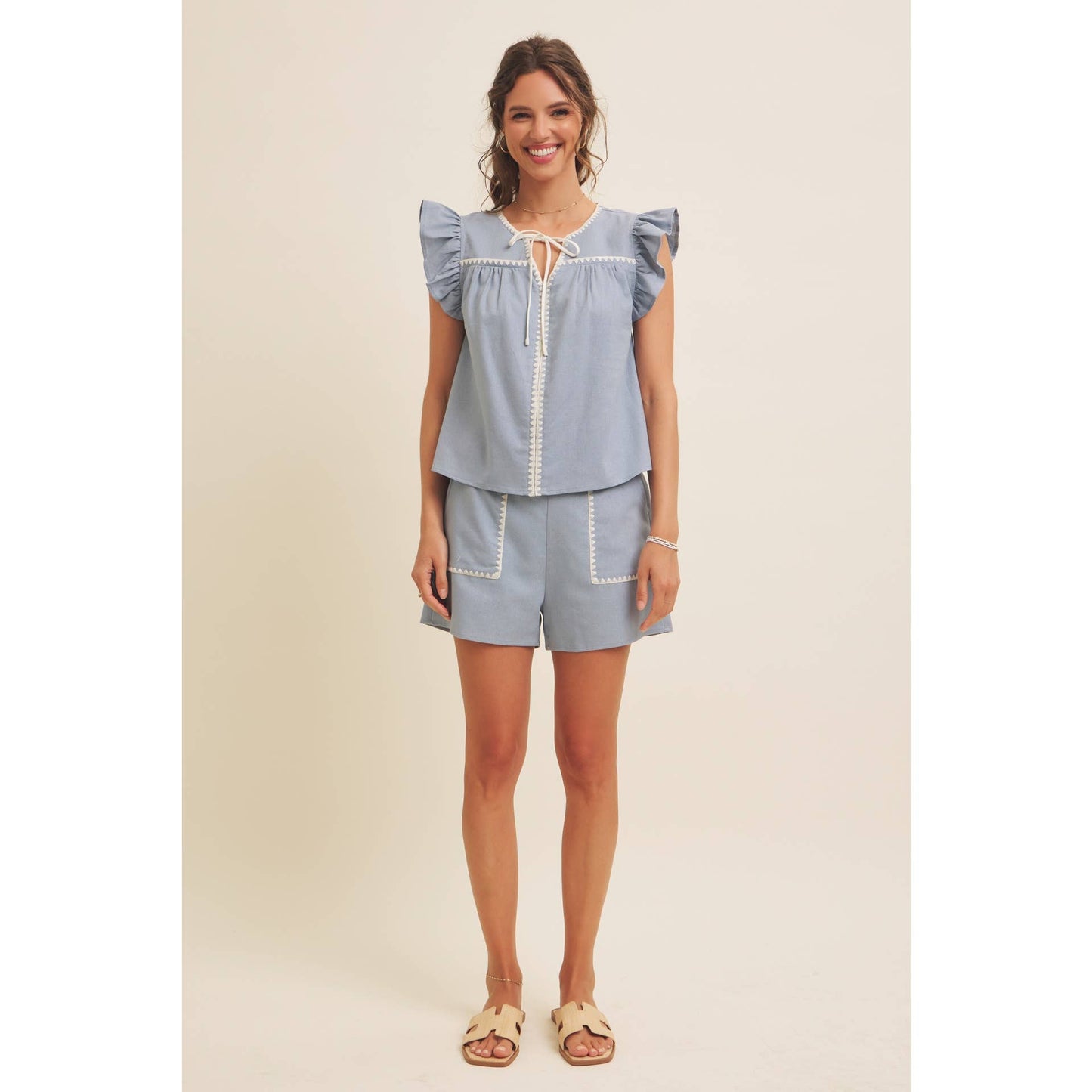 ELASTIC WAISTBAND LINEN SHORTS WITH EMBROIDERY