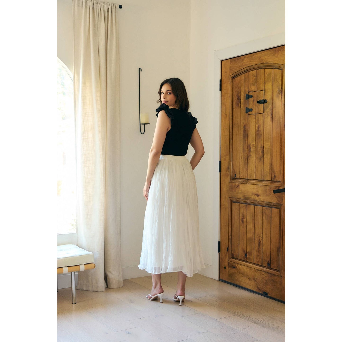 EMBROIDERY SOFT RIB SWEATER TOP WITH RUFFLED SLEEVES