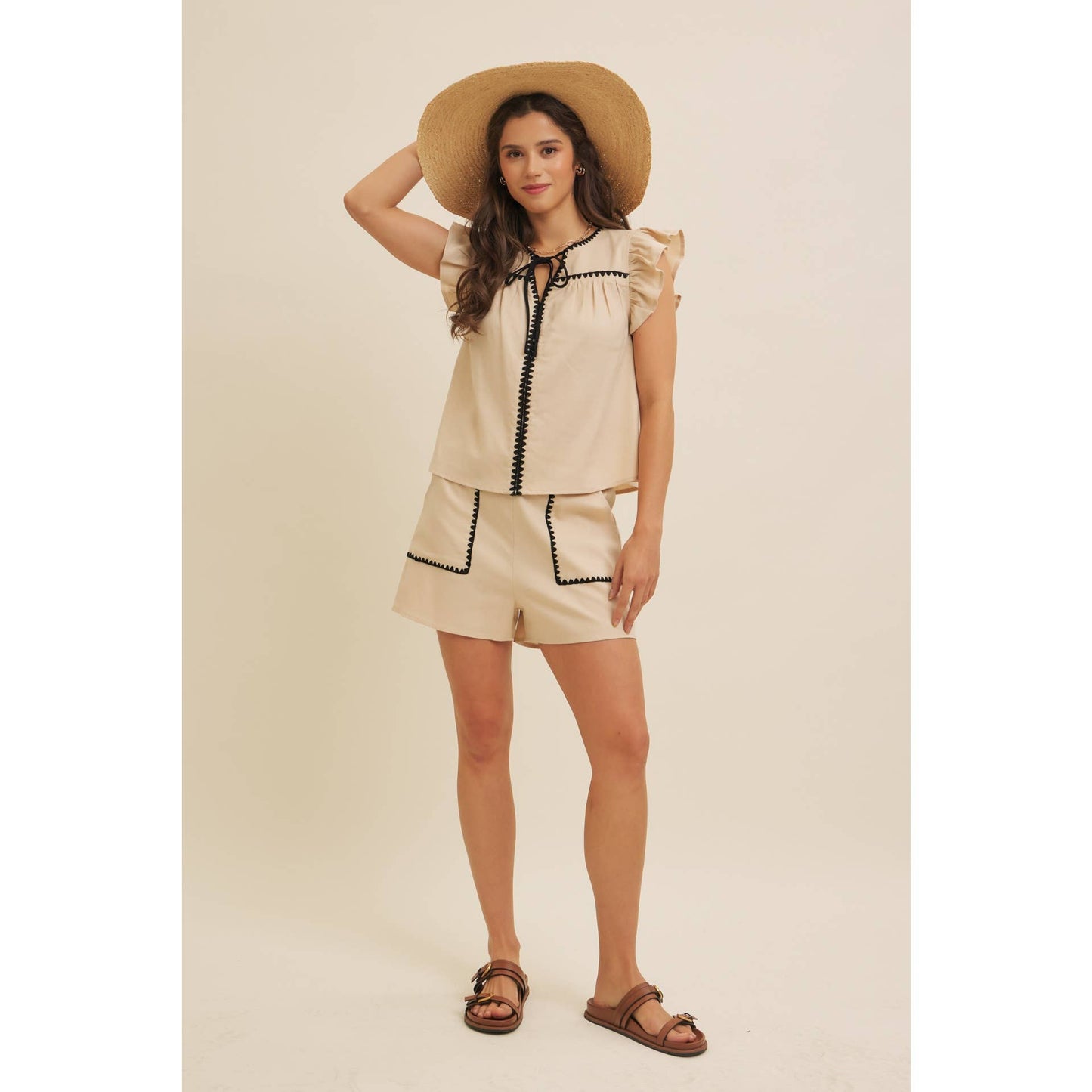 ELASTIC WAISTBAND LINEN SHORTS WITH EMBROIDERY