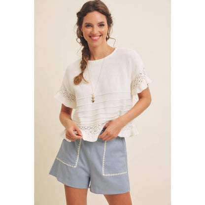 ELASTIC WAISTBAND LINEN SHORTS WITH EMBROIDERY