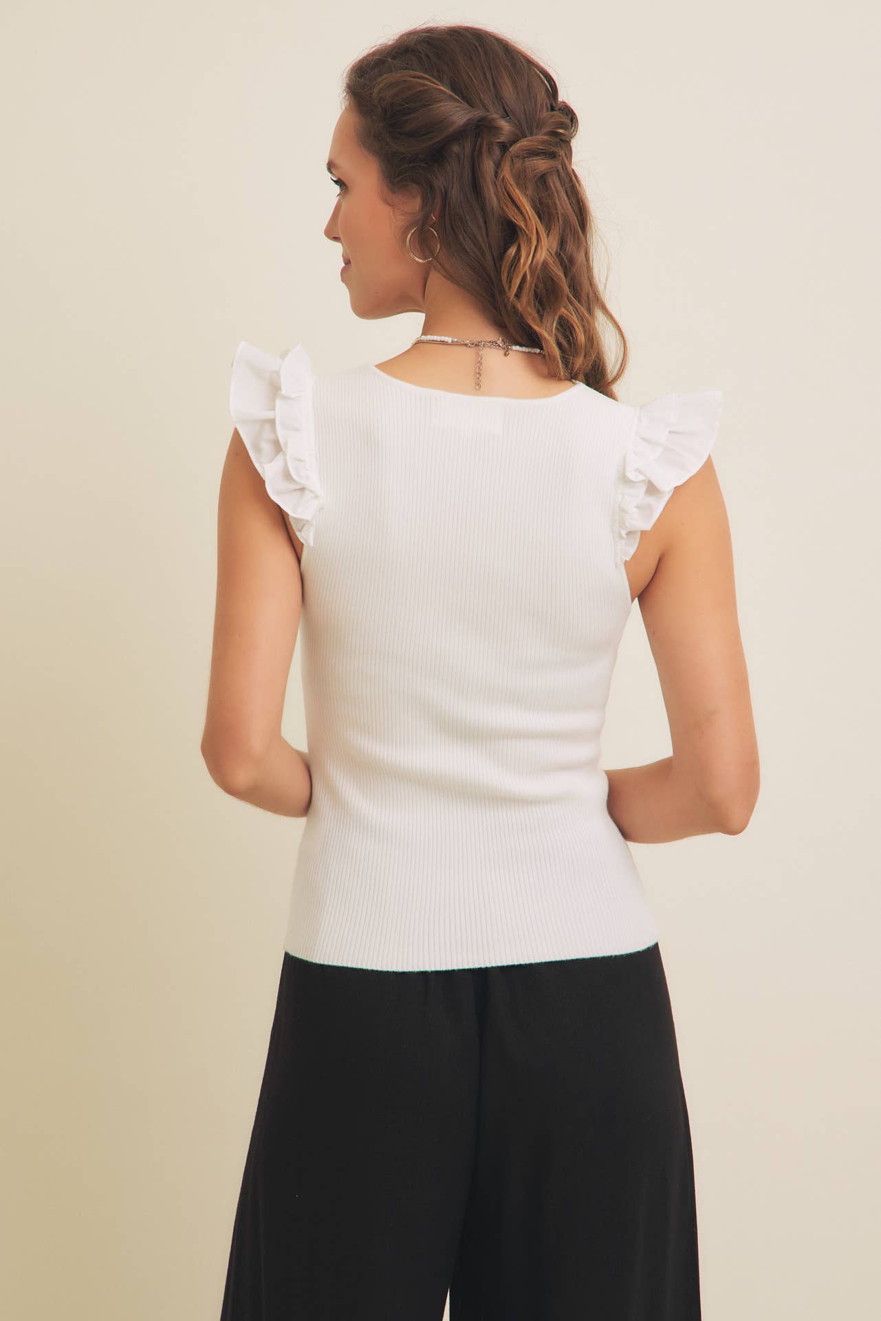 EMBROIDERY SOFT RIB SWEATER TOP WITH RUFFLED SLEEVES