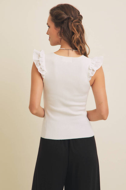 EMBROIDERY SOFT RIB SWEATER TOP WITH RUFFLED SLEEVES