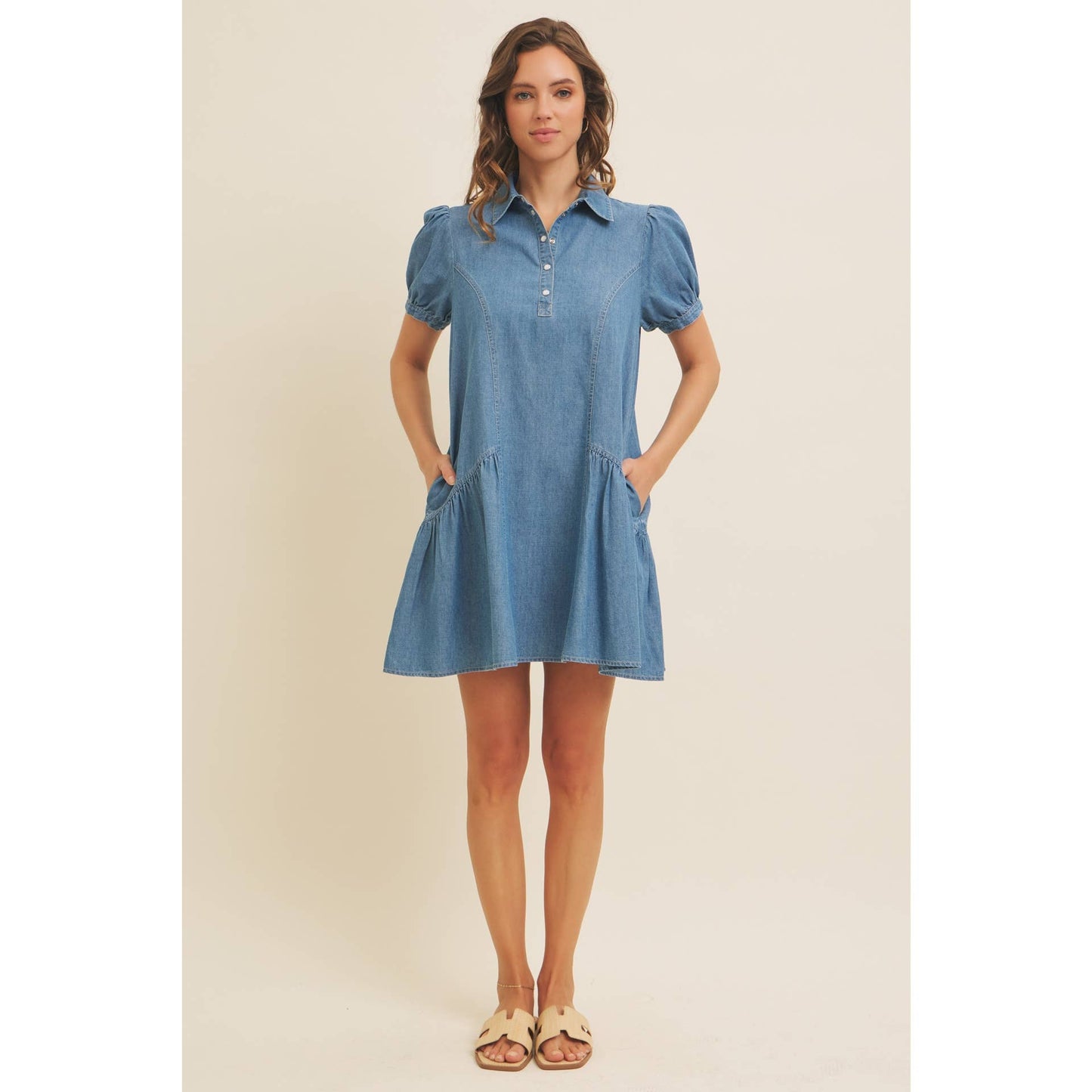 WASHED COTTON DENIM FLARE MINI DRESS WITH RUFFLES