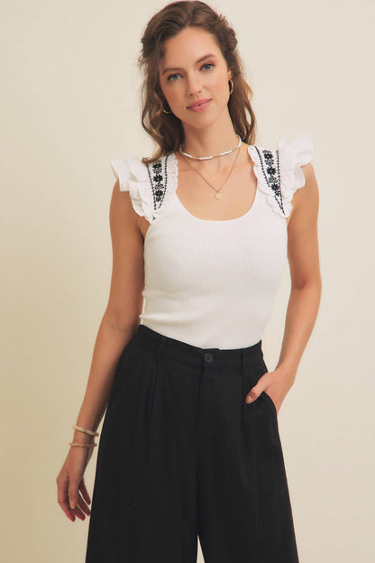 EMBROIDERY SOFT RIB SWEATER TOP WITH RUFFLED SLEEVES