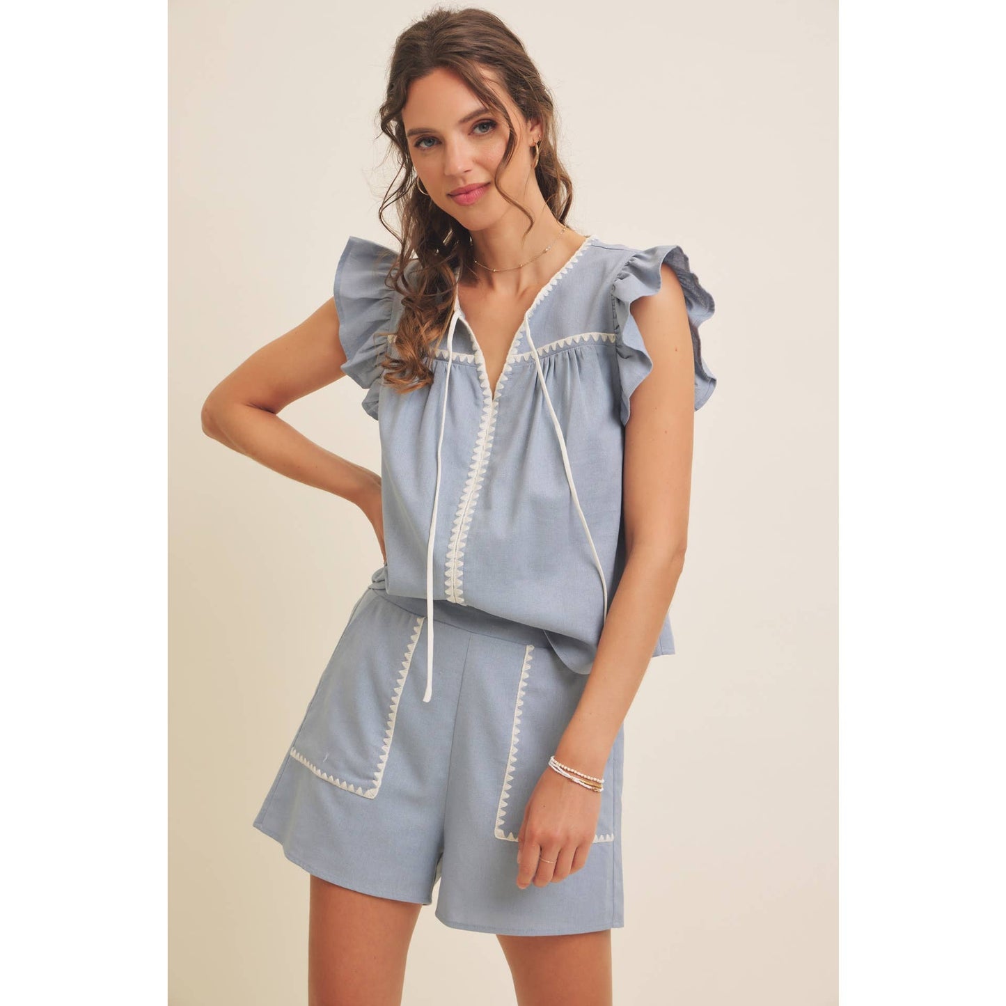 ELASTIC WAISTBAND LINEN SHORTS WITH EMBROIDERY