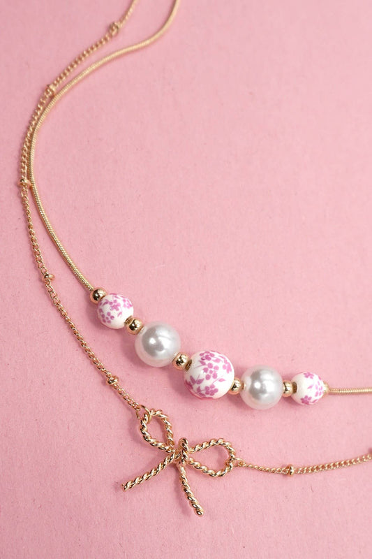 Layer Necklace/ Pink Bow