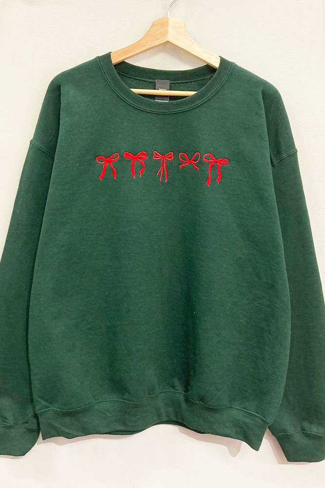 Embroidered Mini-Bows Holiday Sweatshirt : H.GREEN / OVERSIZED / SM