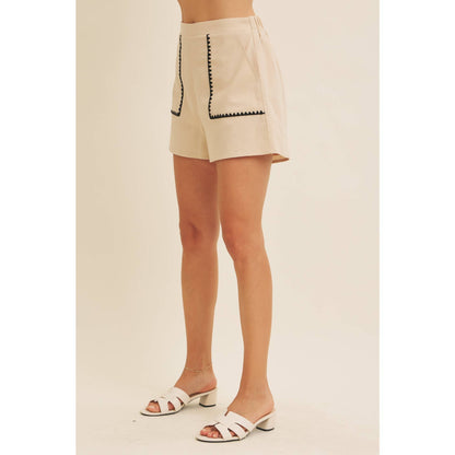ELASTIC WAISTBAND LINEN SHORTS WITH EMBROIDERY