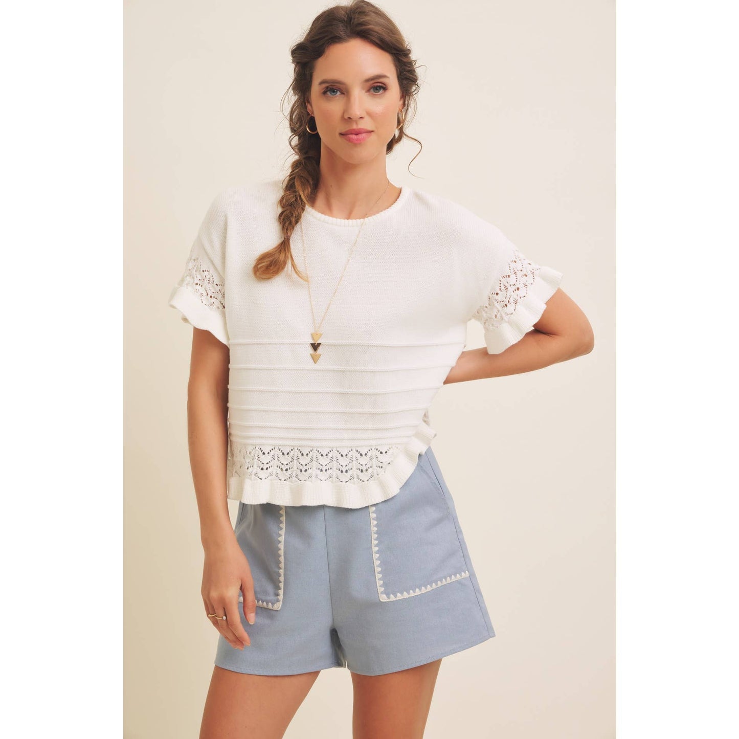 ELASTIC WAISTBAND LINEN SHORTS WITH EMBROIDERY