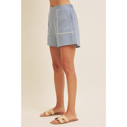 ELASTIC WAISTBAND LINEN SHORTS WITH EMBROIDERY