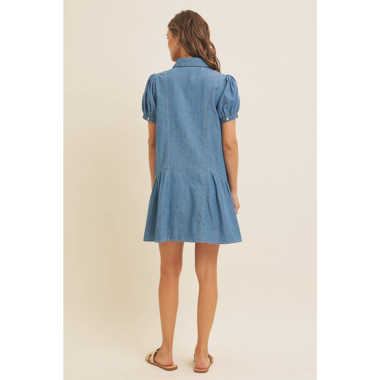 WASHED COTTON DENIM FLARE MINI DRESS WITH RUFFLES