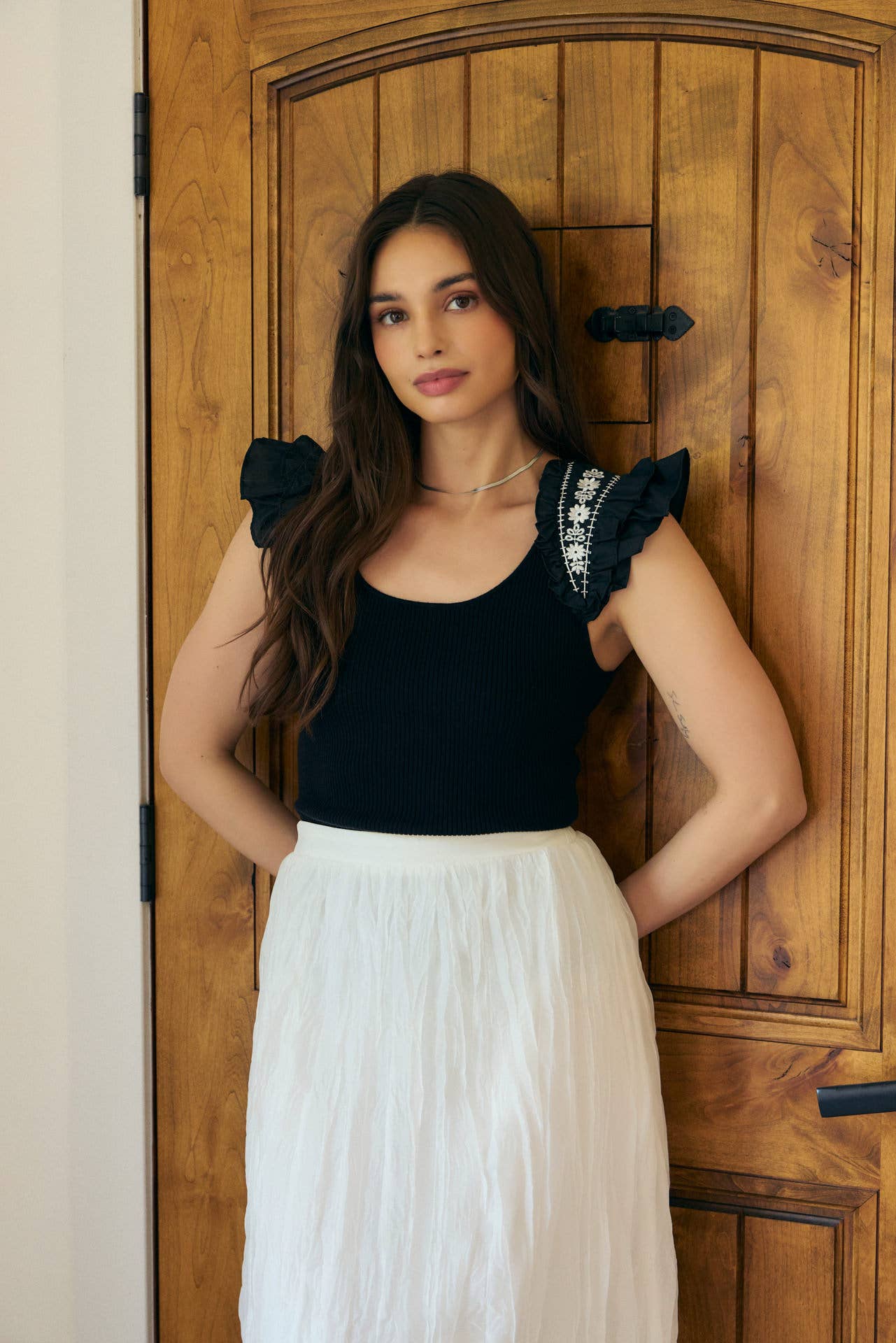 EMBROIDERY SOFT RIB SWEATER TOP WITH RUFFLED SLEEVES