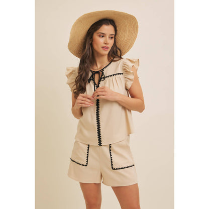 ELASTIC WAISTBAND LINEN SHORTS WITH EMBROIDERY