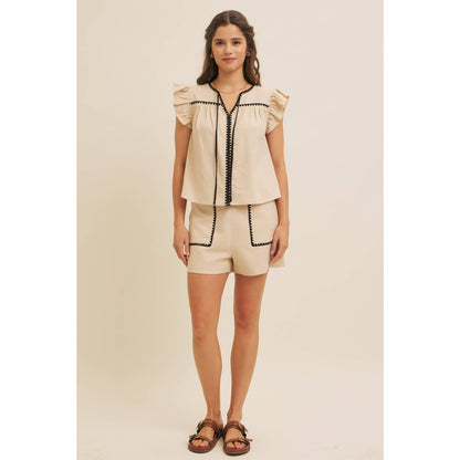 ELASTIC WAISTBAND LINEN SHORTS WITH EMBROIDERY