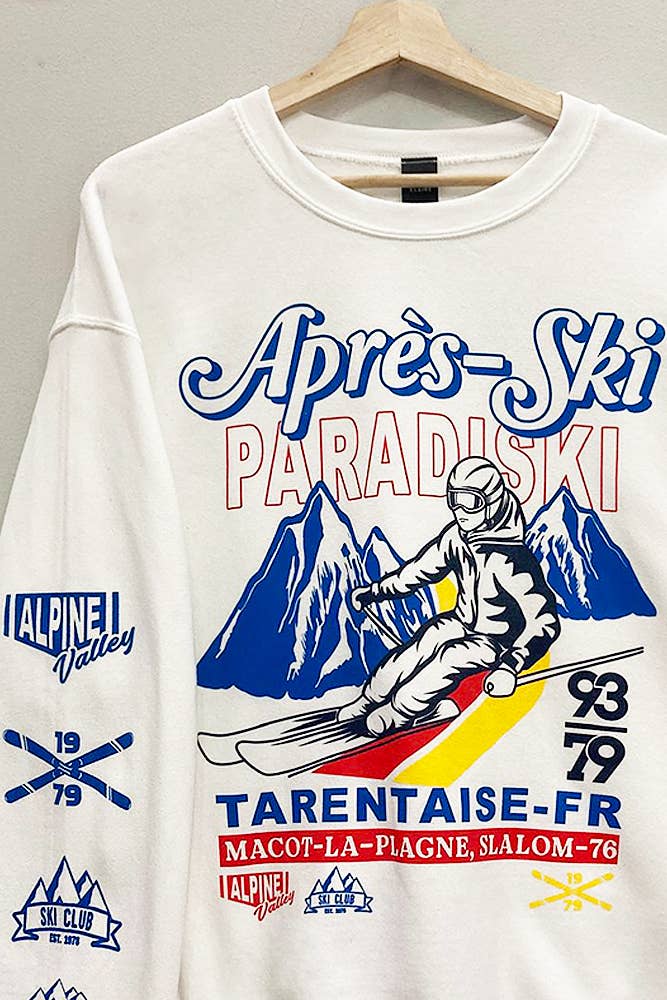 Apres Ski Sleeve Print Sweatshirt: White / OVERSIZED / LXL