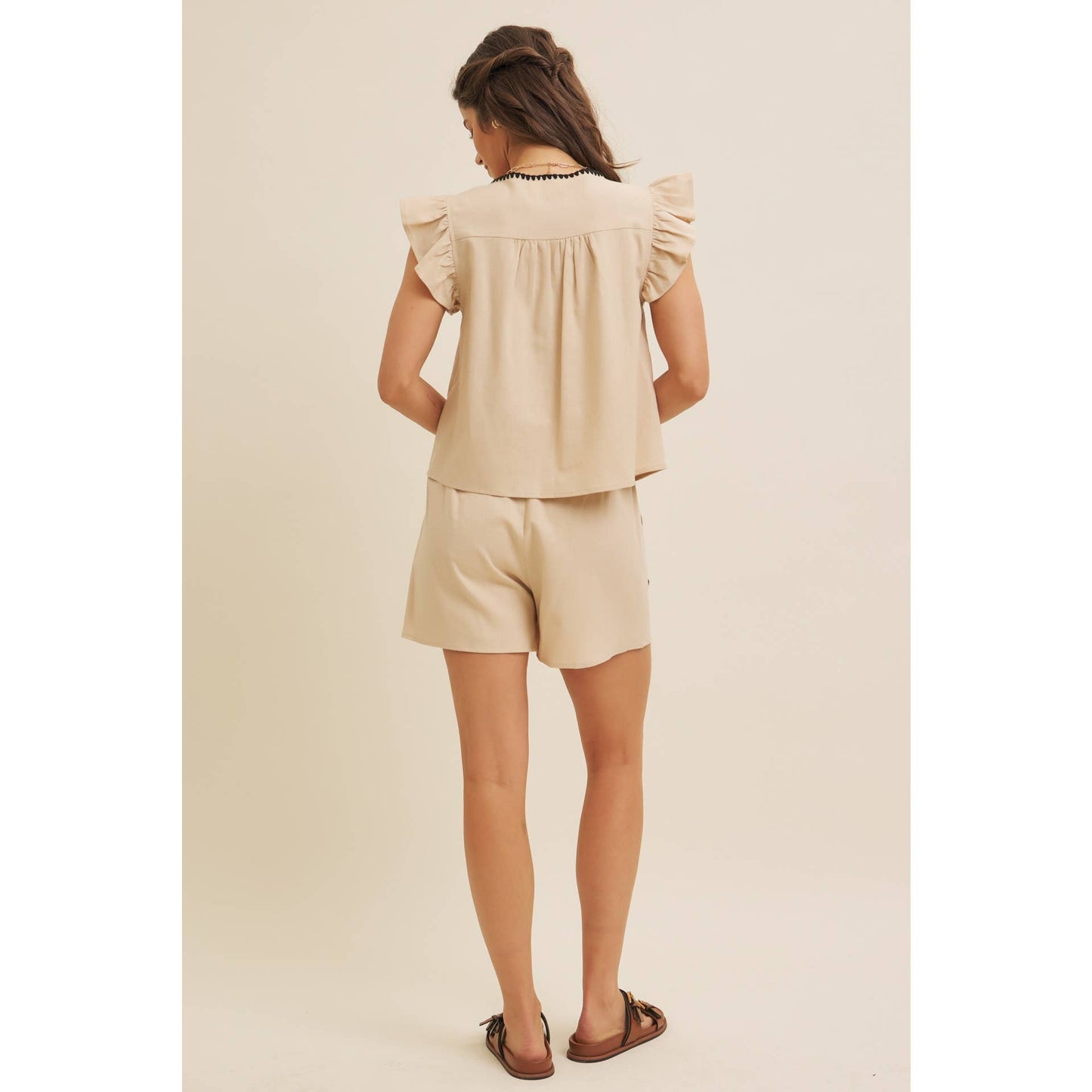 ELASTIC WAISTBAND LINEN SHORTS WITH EMBROIDERY