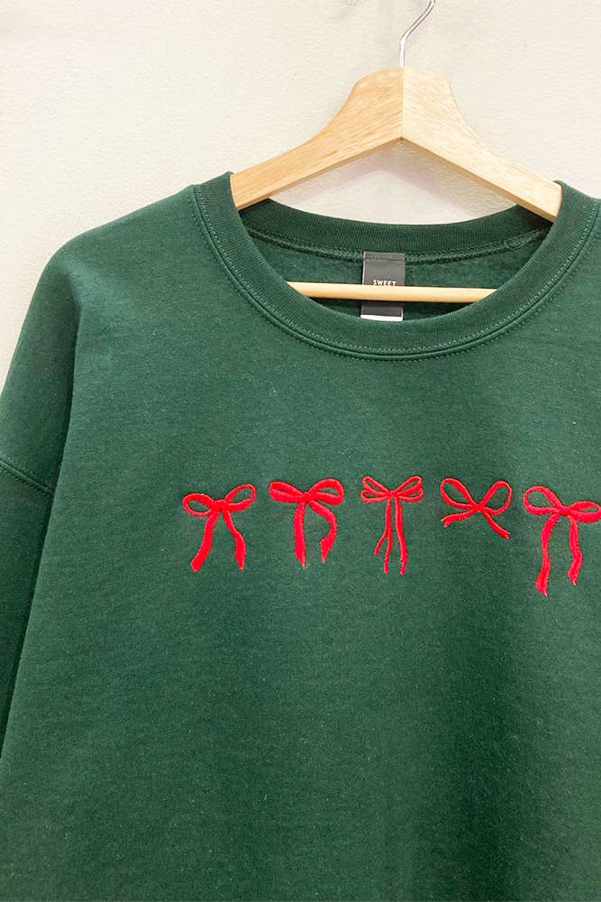 Embroidered Mini-Bows Holiday Sweatshirt : H.GREEN / OVERSIZED / LXL