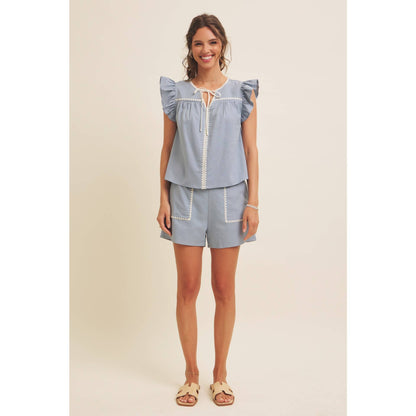 ELASTIC WAISTBAND LINEN SHORTS WITH EMBROIDERY