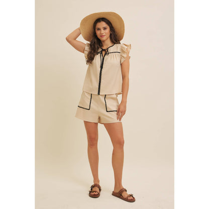 ELASTIC WAISTBAND LINEN SHORTS WITH EMBROIDERY